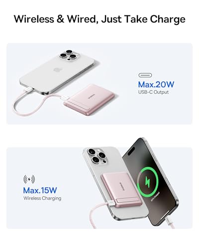 Image of Baseus Picogo Power Bank, Smallest Qi2 Certified 15W MagSafe Portable Charger, 0.5 inch Ultra Slim 5000mAh Magnetic Battery Pack with Stand, Alloy Wireless Charger for iPhone 17 Pro Max /17 Air /16 Series