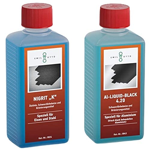 Emil Otto Brünier-Set: 500 g NIGRIT"K", Kaltbrünieren - Schwarzfärben von Eisen u. Stahl + 500 g AL-Liquid-Black 4.20, Schwarzfärbemittel von Aluminium - Schwarzfärben von frisch behandeltem Aluminium