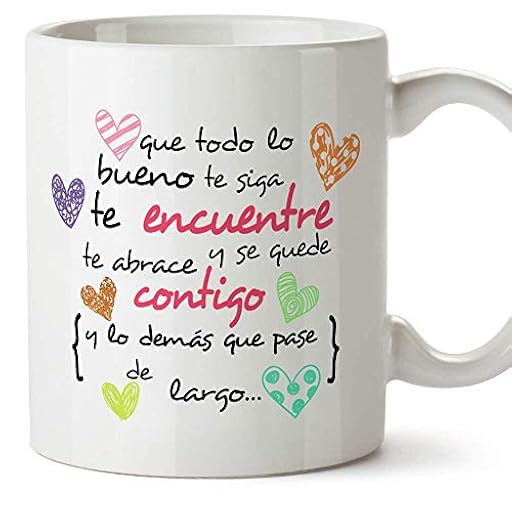 MUGFFINS Taza Original -Que Todo lo Bueno te SIGA te encuentre y te abrace - 350 ml - Tazas con Frases motivacionales | Ya disponible en tu tienda friki favorita! En mundofriki.es!