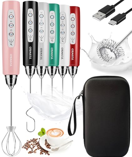 Image of YUSWKO Rechargeable Milk Frother Handheld Frother Wand Drink Mixer for Coffee, Electric Whisk 3 Speed Adjustable, Coffee Foamer Maker with 3 Stainless Whisks Ideal Stirrers for Travel - Pink