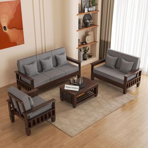 Image of Sheesham Wooden 6 Seater Sofa Set for Living Room | Rosewood Cushion Sofa with Side Newspaper Holder for Home & Office | Solid Wood Sofa Set for Lounge (Walnut, 3+2+1 Seater)