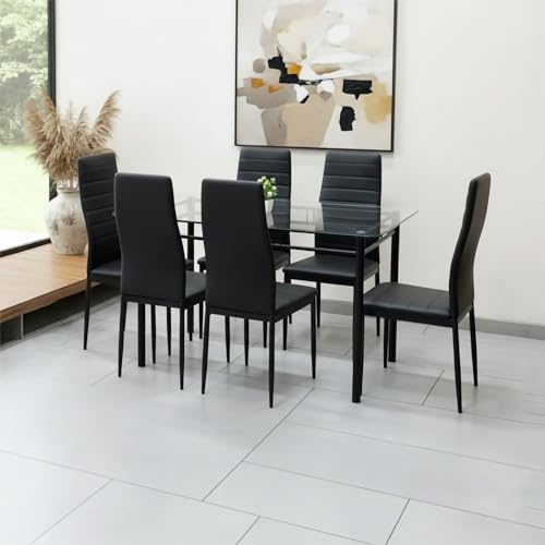 Image of Metal Dining Table Set with Clear 12 mm Thick Toughened Glass Top with Chair for Home Kitchen & Dining Room (Black Full Cushion, 6 Seater 3 x 5 feet)
