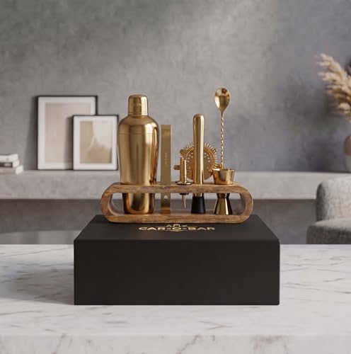 Image of Car-O-Bar Gold Bar Set with Stand |10 pc Bartender kit for Home & Bar: Cocktail Shaker, Bar Spoon, Jigger, Muddler, Strainer, Wine & Beer Bottle Opener, 2 Pour Spouts, Tong, Wooden Stand with Handles