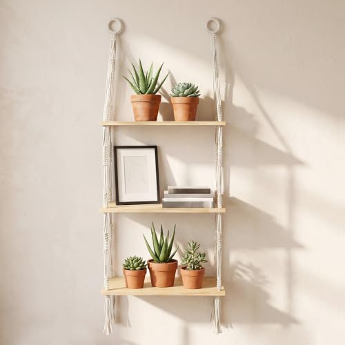 Estantería Plantas Colgantes de 3 Niveles, Repisa Madera y Cuerda de Algodón Boho, Soporte Plantas Interior para Pared, Estante Colgante Decorativo para Baño, Cocina y Salón, Regalo Original, 95x40cm