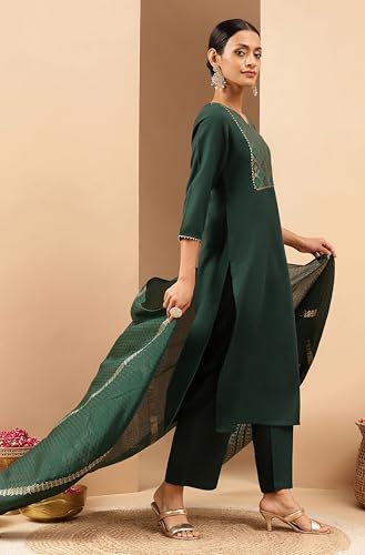 Kurta droit Janasya en coton vert d'une élégance artisanale