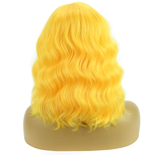 Image of BERON Yellow Short Side Part Curly Wavy Wig for Women Girls Shoulder Length Wavy Heart Resistant Synthetic Wigs Cosplay Costume Daily Party Wig