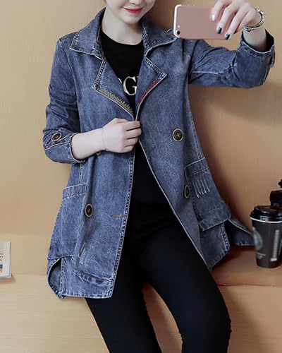 ZOCAVIA Women's Denim Blazer Business Casual Lapel Double Breasted Blazer Long Sleeve Slim Jean Blazer Jacket with Pockets3