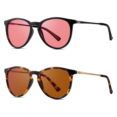 Image of Indoor Fluorescent-41 Pink & Outdoor Fluorescent-60 Brown Tinted Blue Light Blocking Glasses Round Migraine Light Sensitivity Computer Glasses Photophobia Fluorescent LED Glare Women AB3301