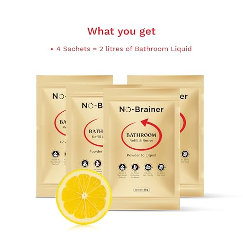 Image of NO BRAINER Bathroom Cleaner Powder to Liquid | Natural Plant‑Based, Non -Toxic | Citrus Fresh for Tiles, Taps |No Bleach, No Residue | Kid & Pet Safe | No Plastic Waste (10 Pouch for 5 Litres)