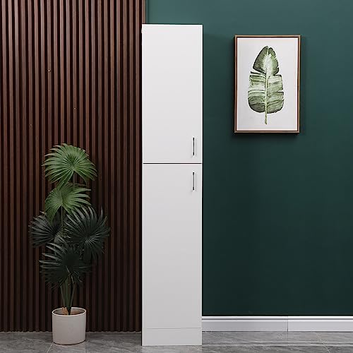 Slim Tallboy - Armario de baño blanco brillante con estantes y puerta, ideal para el hogar, oficina, sala de estar o esquina de ahorro de espacio, diseño estrecho