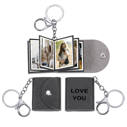 OTXIXTO Mini Álbum de Fotos Personalizado Llavero 10 Fotos Personalizadas Álbum de Fotos de Cuero Regalo Conmemorativo para Parejas y Amigos (Negro)