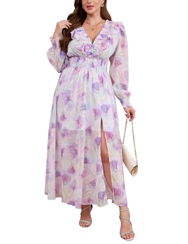 Image of EYWOL Wedding Guest Dresses for Women Long Sleeve Chiffon Floral with Slit | Maxi\Midi, Long, V Neck, A-Line, Chiffon, Elastic Waist, Flowy, Boho, Western, Fall, Flattering, Elegant, Curvy, Maternity,
