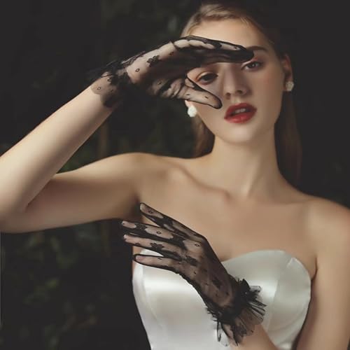 Black Short Lace Gloves Women's Wedding Gloves Sheer Floral Tea Party Gloves 20s Evening Opera Gloves Bridal Gloves3