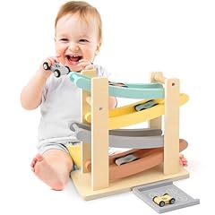 Wooden Car Ramp Toy for 1-2 Year Old Boys & Girls - Click Clack Track with 4 Mini Cars & Toy Garage