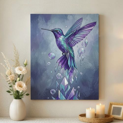 Toile colibri géométrique pour dynamiser un mur blanc de salon ou bureau moderne