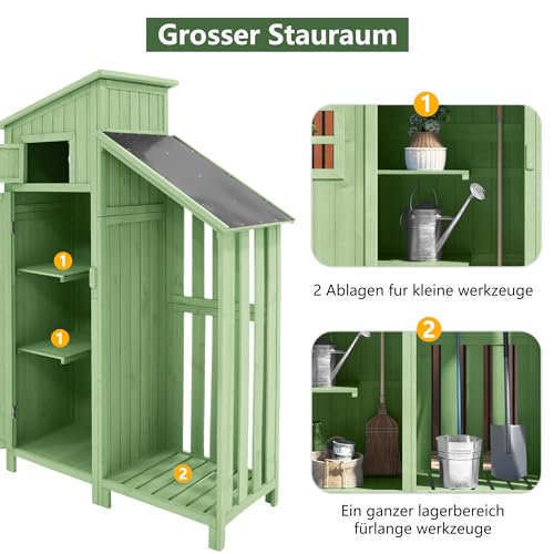 Gegtuon Gerätehaus mit Satteldach, Geräteschuppen Gartenhaus Gartenschrank aus Holz mit Fenster Türen & Stauraum Ablagen, Wetterfest Outdoor Schuppen für Garten Terrasse, 124x53cm (LxB), Grün A