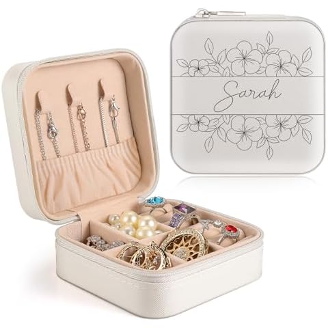 Chrifansi Custom Jewelry Box Personalized Small Travel Jewelry Organizer Gifts for Birthday Anniversary for Women Mom Wife Girls Bridesmaid Gifts Wedding Gifts (White, 2-Birth Flower+Name) Cover