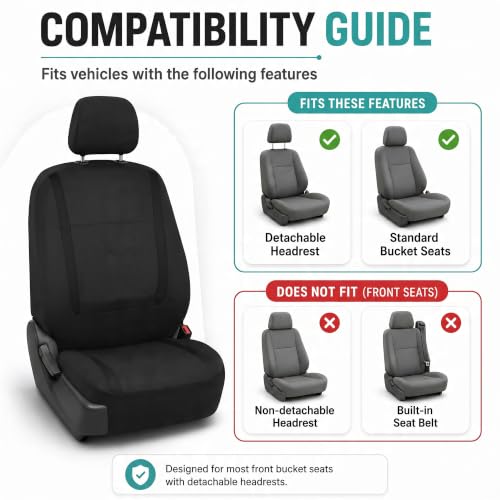 Image of FH Group Car Seat Covers Front Set in Cloth for Low Back Car Seats with Removable Headrest, Universal Fit, Automotive Washable for SUV, Sedan, Van Black