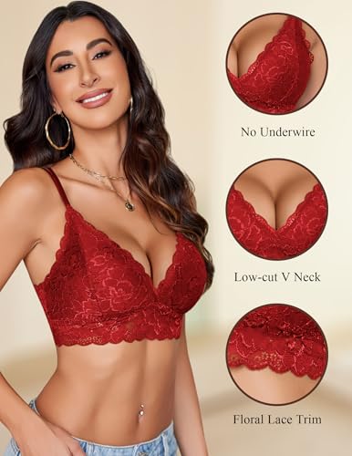 Image of Avidlove Bras for Women Floral Lace Bralettes Deep V Sexy Bras Cross Back Longline Bralette No Padded