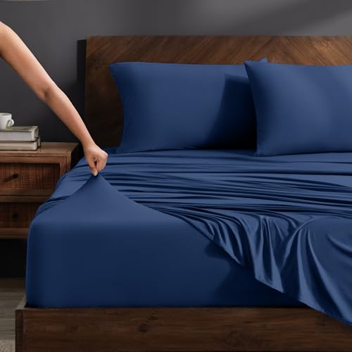 Image of Bare Home Cooling Performance Jersey Knit Stretch Sheet Set, Moisture-Wicking & Breathable, 4-Way Stretch Bed Sheets, Envelope Pillowcases (Queen, Dark Blue)