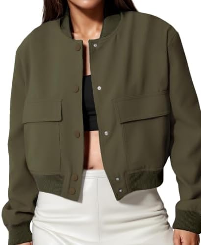 Modegal Women's Spring Varsity Bomber Jackets Long Sleeve Cropped Button Down Casual Coat with Pockets Outwear