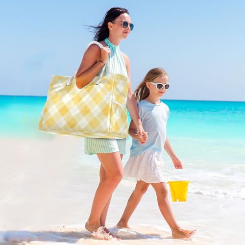 JUNZAN Gingham Butter Yellow Beach Tote Bag with Handles Swim Pool Bag Beach Totes Bags for Women with Waterproof Pockets2