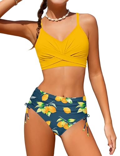 Image of Teen Girls Swimsuits V-Neck Bikini Set Bathing Suits Cross Straps Two Piece Swimwear with Drawstring