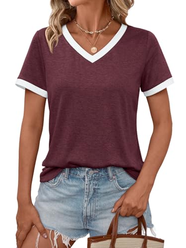 AUTOMET Womens Short Sleeve T-Shirts Summer Tops Casual Soft Tunic V Neck Basic Tees Workout Clothes Spring Fashion Outfits 2025 WineRed L