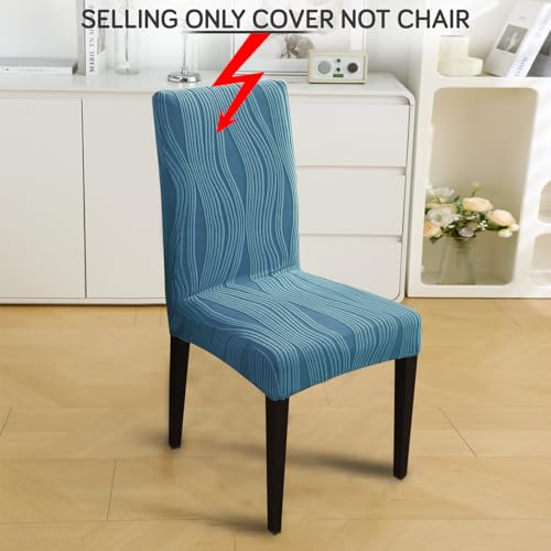 Image of HOKIPO 200 GSM Stretchable Knitting Jacquard Chair Cover Set of 4,'Nestiva Series' Sea Blue (AR-6072-BL)