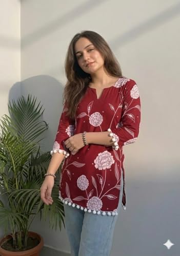 Image of SAICHA Women's Cotton Printed Short Kurti with Pom Pom, Red Floral Pattern