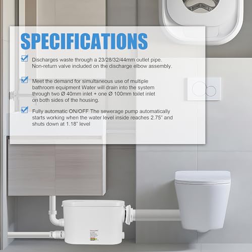 Image of Sink Sewerage Pump 600W Macerating Wall-hung Toilet Pump Upflush to 32.8ft /10 m Waste Water Pump 8700 L /h, Macerator Sewerage Sump Pump With 3 Water Inlets for Bathtub, Laundry and Sink