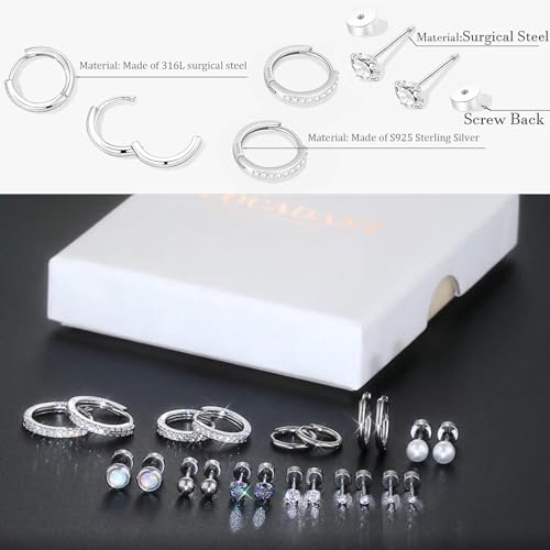 Hypoallergenic Flat Back Earring Sets for Multiple Piercing Sterling Silver Small Huggie Hoop Earrings for Women Surgical Stainless Steel FlatBack Silver Stud Earrings Trendy Cartilage Earring Stacks - Image 5