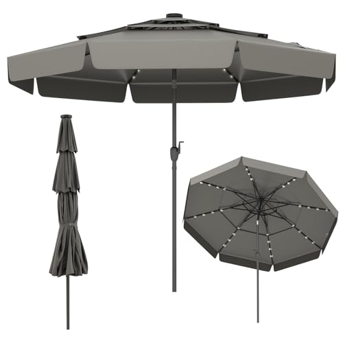 COSTWAY 300 cm Sonnenschirm mit LED-Beleuchtung, 3-stöckiger Gartenschirm mit Kurbel und Volant,...