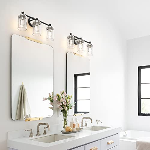 Image of Bathroom Lighting Fixtures Black and Brushed Nickel Bathroom Vanity Light with Cylindrical Clear Stripes Glass Lampshade E26 Socket Base Bathroom Lighting Fixtures Over Mirror (3 Lights)