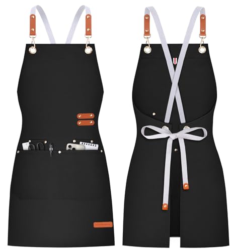 Teskyer Kitchen Cooking Apron with Pockets, Water Oil Resistant, Canvas Cross Back Aprons for Men Women Chef Server - Black