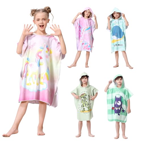 MOKANI Hooded Poncho Towels for Kids Quick Dry Microfibre Bath Swim Beach Towels Changing Robe for Girls Boys Warm Wrap Towelling Poncho for Bathroom Swimming Pool Travel(Kids Height: 100-140CM)