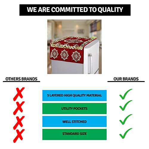 Image of Polyester 3-Layered Fridge Top Cover /Refrigerator Cover With 6 Utility Pockets (Color-Maroon, Size-39x21 Inches)