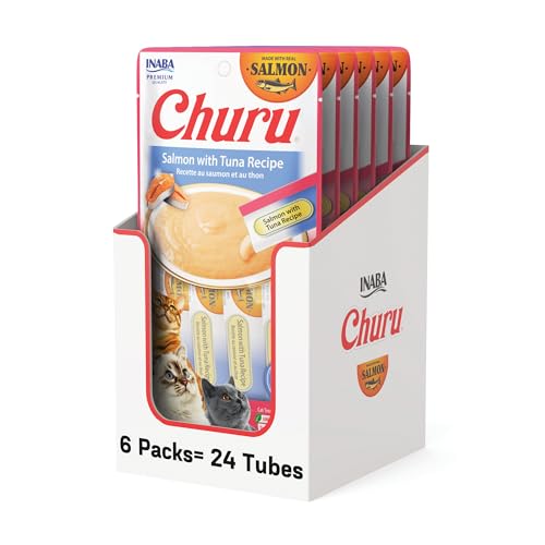 Image of INABA Salmon Churu Cat Treats, Lickable, Squeezable Creamy Puree Cat Treat with Green Tea Extract & Taurine, 0.5 Ounces Each Tube, 24 Tubes (4 per Pack), Salmon with Tuna Recipe