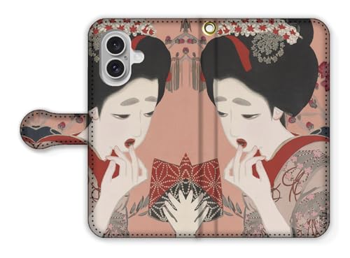 手帳型 iPhone17互換 スマホケース 【世界の名画】 北野恒富 ☆日本画☆ 浮世絵 版画 アート 絵画 芸術 日本 和 和風 和柄 伝統 (新浮世絵美人合 三月 口紅)