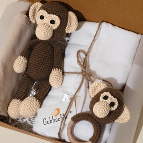 Image of Newborn Gift Set | Crochet Toy, Rattle & Muslin Swaddle Combo | Newborn Gift | Gifting for Babies | 100% Muslin swaddlecloth | Toy for Gifting| 3 Months + (MAAKAD Toy & Rattle with Swaddle)