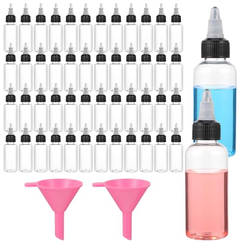 HOFURME 50 Pcs 2 oz Plastic Squeeze Bottles Dispensing with Twist Cap, Small Clear Squeeze Bottle with 2 Funnels for Liquids, Oils, Crafts, Kitchen, Household Home