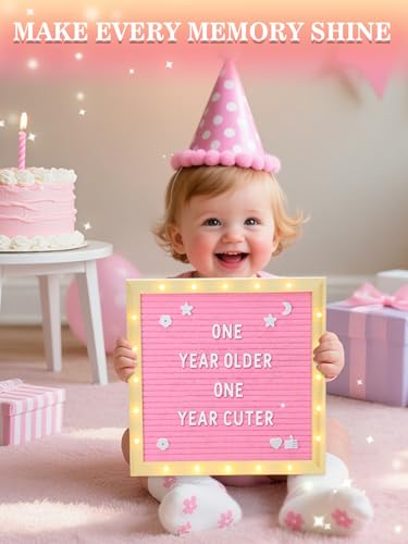 Image of 10 inchx10 inch Felt Letter Board with LED Lights & Stand, First Day of School Sign | Wall /Desk Display, 450-Letter, Message Custom Signs Poster Board, Baby /Pregnancy Announcement /Birthday Decorations, Pink