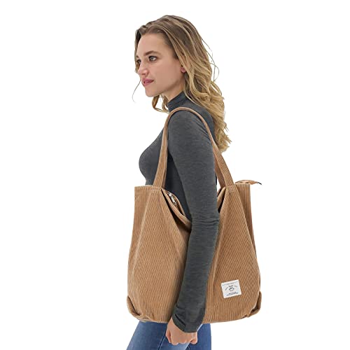 Image of KALIDI Women Corduroy Tote Bag Zipper Casual Tote's Handbag Big Capacity Shoulder Bag with Pockets