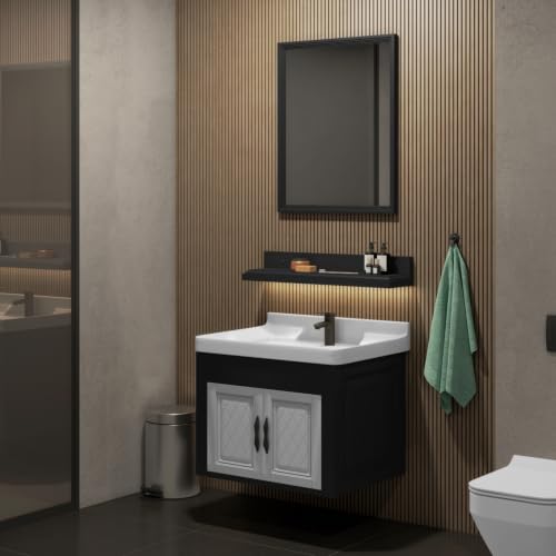 Image of WASSMIST Bathroom Vanity Washbasin Cabinet with Mirror & Shelf | Wall Mounted Wash Basin with Cabinet Full Set | Waterproof & Unbreakable (Black & Silver)