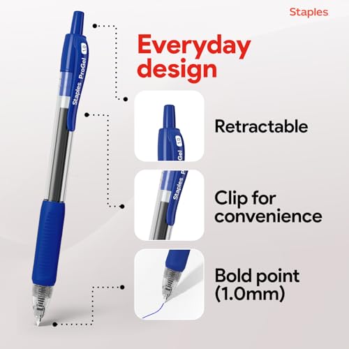 Image of Staples Retractable Gel Pens, Bold Point 1.0mm, Blue Ink, 12 Pack - ProGel Smooth‑Flow Pens for Office & School Use