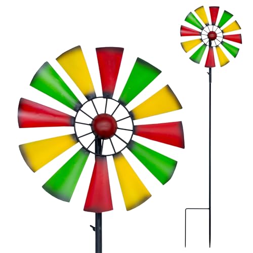 Buntes Metall Windrad mit Erdspieß - 126 cm x 33 cm - Gartenstecker Windspiel für Terrasse und Garten - Deko Blumenstecker Beetstecker Windmühle wetterfest