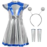 JELEUON 3 Pcs Women Alien Costume Metaillic Dress Cosplay Halloween Robot Outer Space Outfit With Gloves Headband