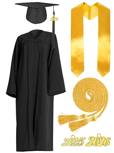 Matte Graduation Cap and Gown 2026+2025 Tassel Set with Honor Cord Graduation Stoles for High School College Bachelor
