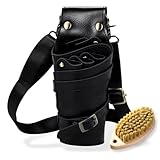 KONGPEN シザーケース 本革 5丁 お手入れ豚毛ブラシ 説明書 シザーバッグ 美容師 フローリストケース 黒色 (Black)