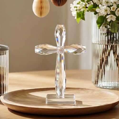 Image of YWHL Crystal Cross Standing Decor Figurine, Religious Christmas Cross Gifts